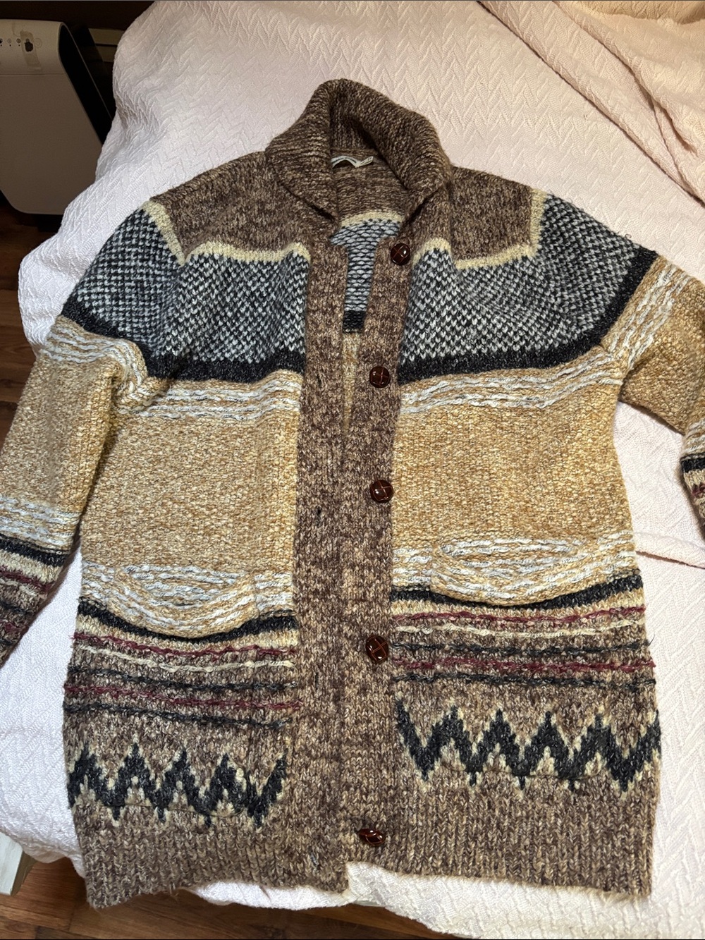 Cozy Multi-Stripe Shawl Collar Button Sweater - Brown/Beige